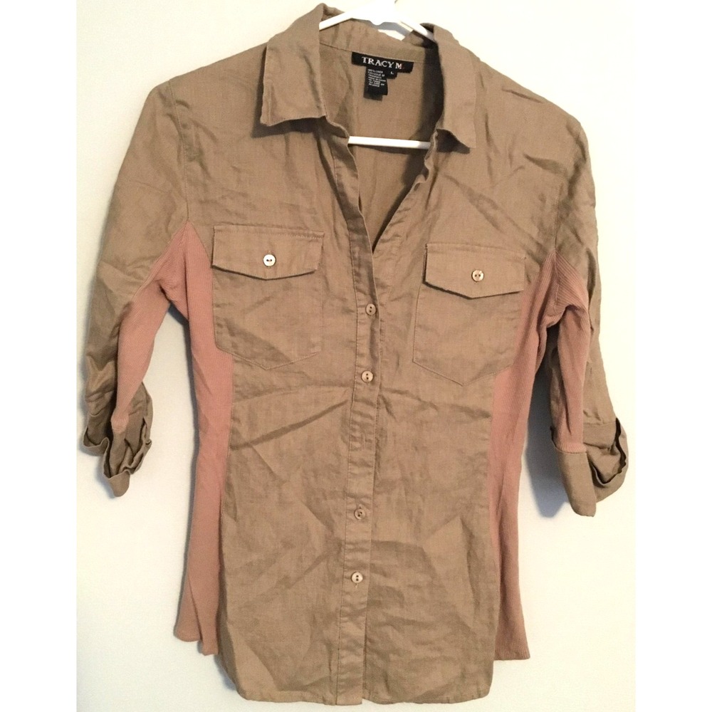 Tracy M Shirt Women L Beige 100% Linen Roll Tab Sleeve Ribbed Side Panel Stretch